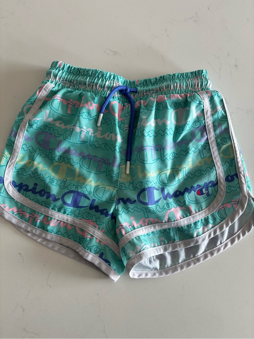 Champion Girls Teal Script-Print Athletic Shorts with Blue Drawcord